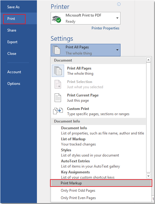 How to print word document without comments?